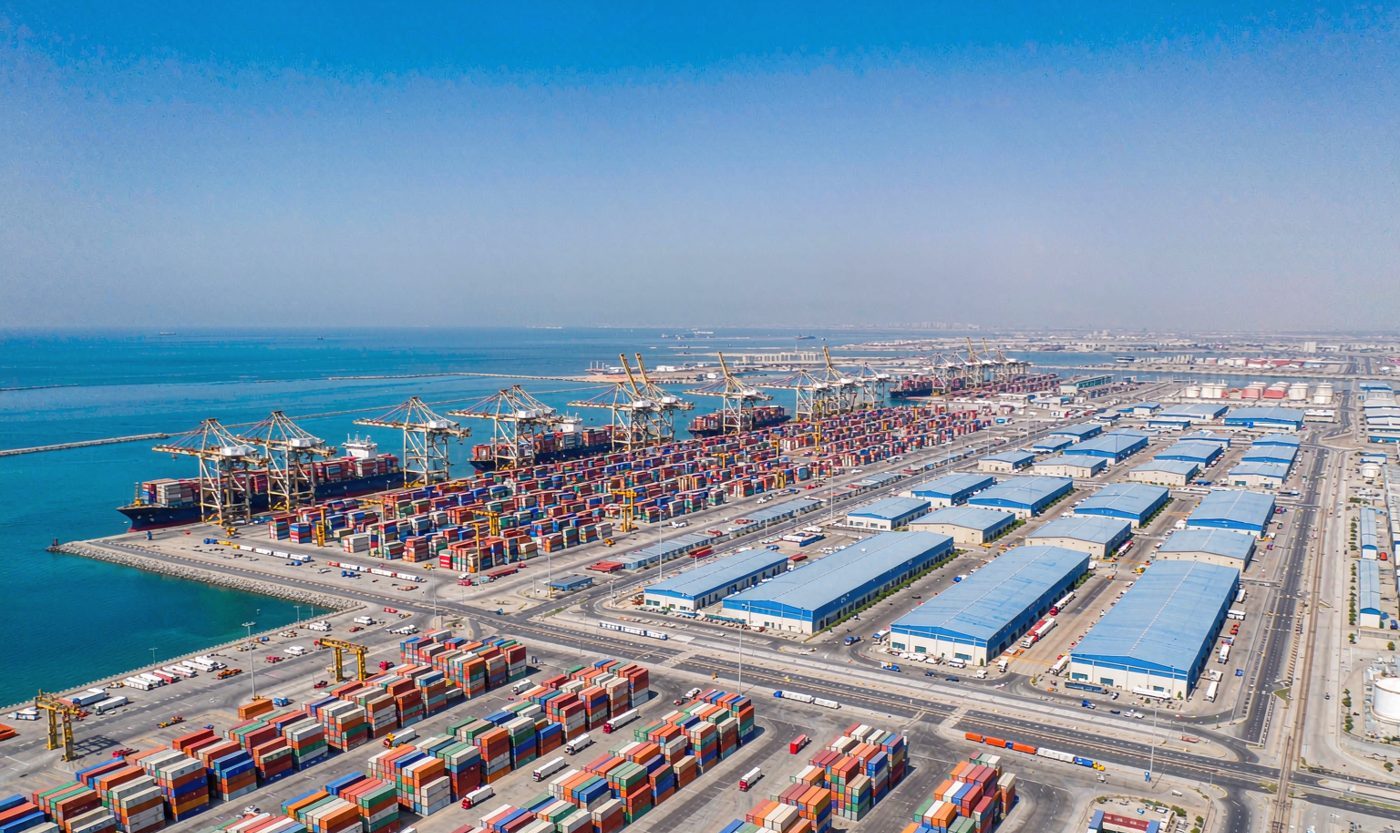 Jebel Ali Free Zone port with containers and cranes