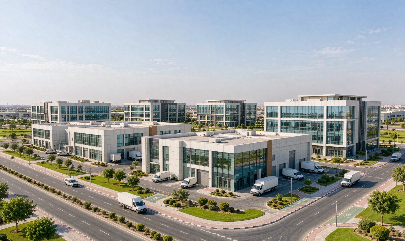 Modern free zone business park with offices and warehouses