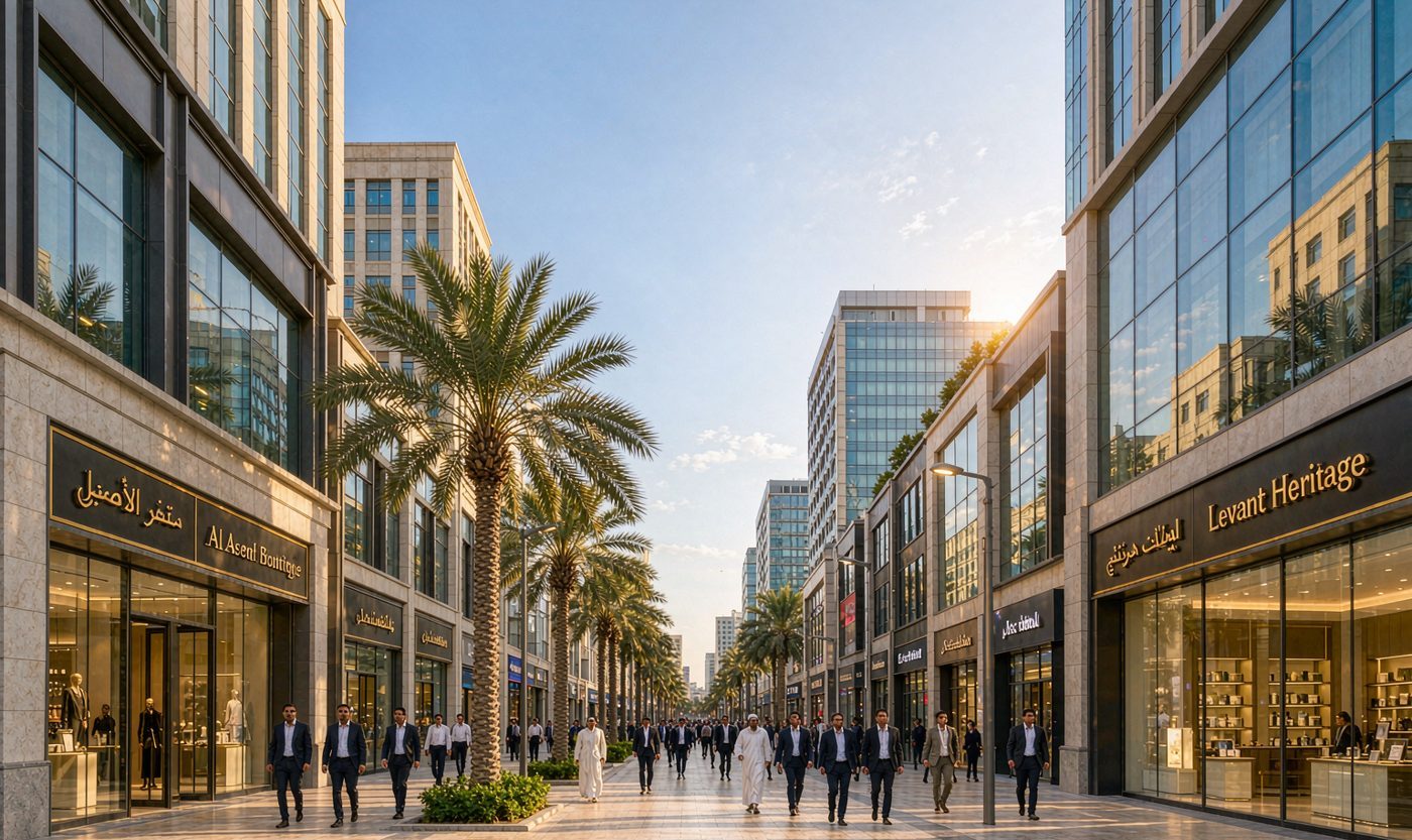 Dubai Mainland commercial street with shops and offices